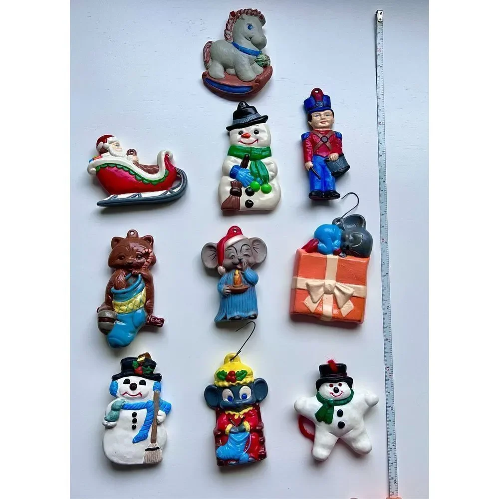Set of 10 Vintage Ceramic Christmas Ornaments Snowmen, Santa, Mouse, Soldier